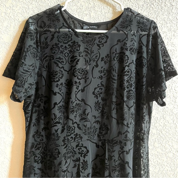 City Chic Womens Size 14 NWT Sienna Mesh Dress Burnout Black Hi Low Cocktail - Picture 4 of 11